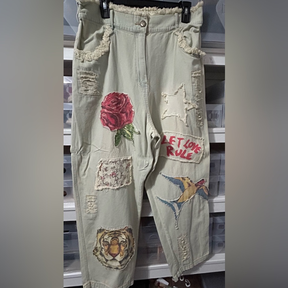 A Rare Bird Patchwork Light Denim Pants with Rose & Swallow & Tiger